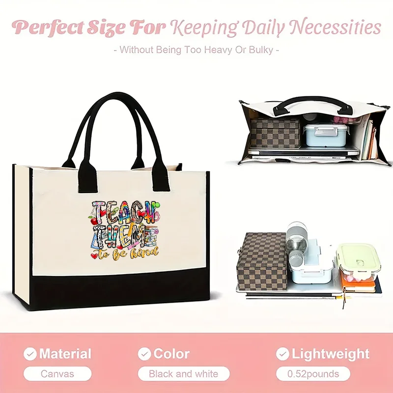 Teacher printed large capacity shoulder bag, portable canvas handbag, outdoor short distance travel shopping bag