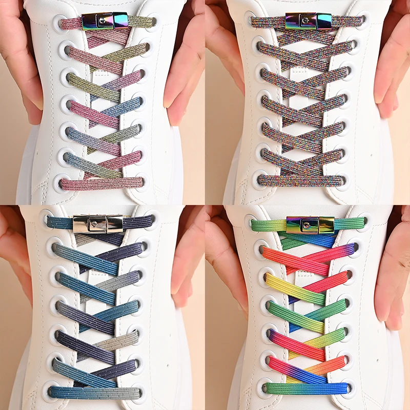 ไม่มี Tie รองเท้า Laces กดล็อค Shoelaces เพิร์ลสีสันแฟชั่นไม่มี TIES Elastic Laces รองเท้าผ้าใบเด็กผู้ใหญ่กว้างขึ้น