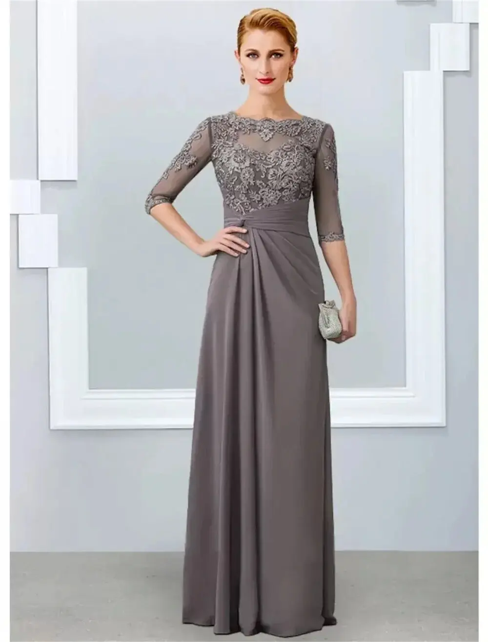 A-line Gray Mother of the Bride Dress Elegant Jewel Neck Floor Length Chiffon Half Sleeves Appliques Lace Wedding Party Gowns