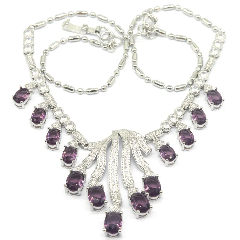 41x27mm Prevent Allergy 22.2g Purple Amethyst White Sapphire Smokey Topaz CZ Women Wedding Silver Necklace 17.5-18.5inch