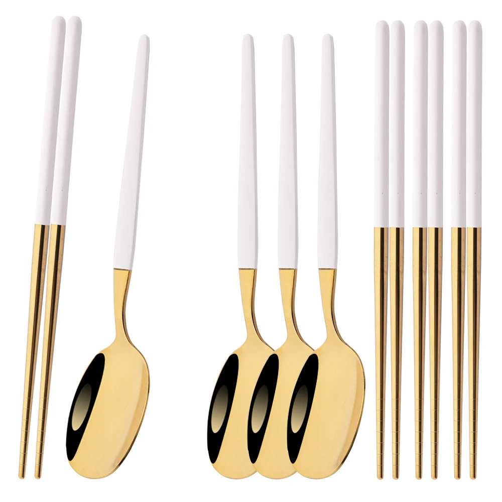 8Pcs Korean White Golden Dinnerware Set Stainless Steel Tableware Spoons Chopsticks Cutlery Set Kitchen Flatware Service for 4
