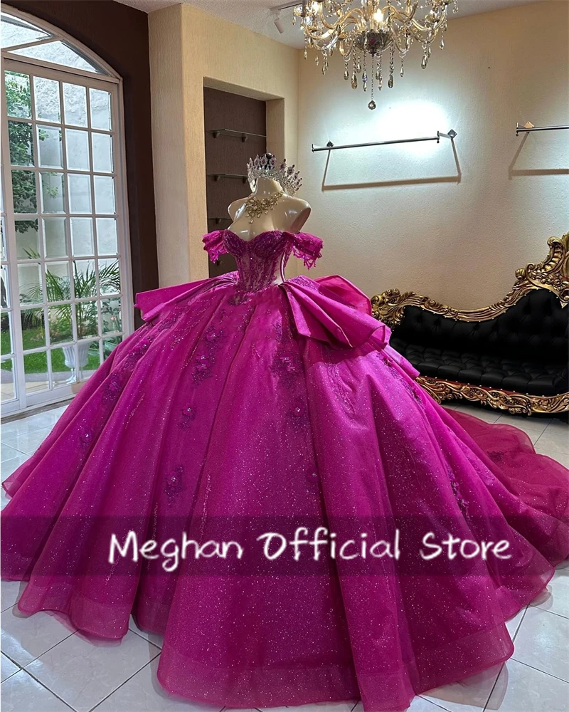 Fuchsia 3D Flower Quinceanera Dresses Bead Appliques Bow 2025 Birthday Luxury  Dress Off The Shoulder Princess Gown Customized