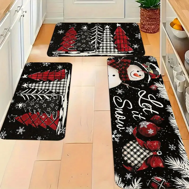VIKAMA Christmas Kitchen Mat, Buffalo Check Snowman Soft Non-Slip Hallway Rug, Bedroom Bedside Rug, Home Decor