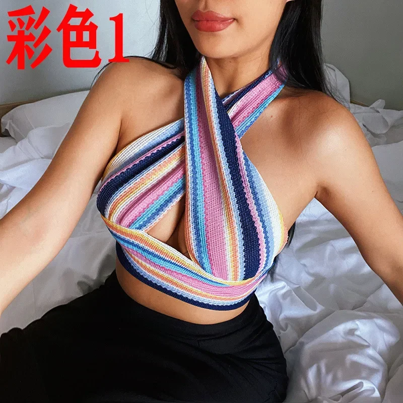 Y2k Hollow lavorato a maglia aderente collo colorato appeso senza maniche abbigliamento da donna sexy sottile maglia croce top sexy femme vestito 2023