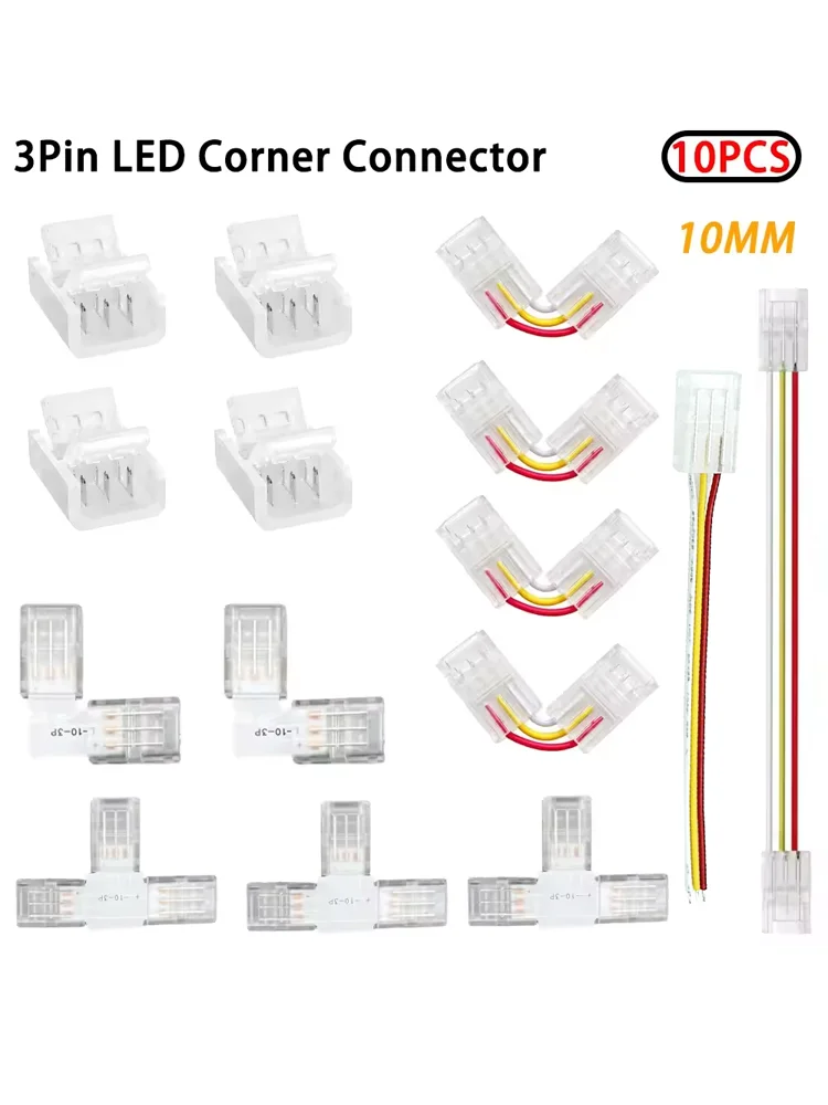 Connecteur d'angle LED en forme de L/T, 10mm, 3 broches, sans soudure, WS2811 WS2812b, bande lumineuse Led, boucle en cristal Transparent, 10 pièces