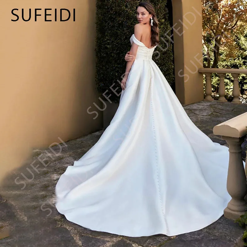 Vestidos de novia elegantes de satén, corte en A, vestidos de novia con abertura lateral, plisados elegantes, escote en forma de corazón, vestidos sexuales para fiesta de boda personalizados