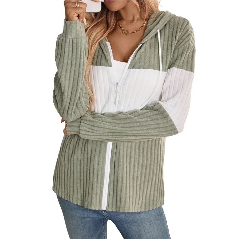 

Women's Striped Color Block Jacket Zip Up Long Sleeve Ribbed Knit Drawstring Hoodies