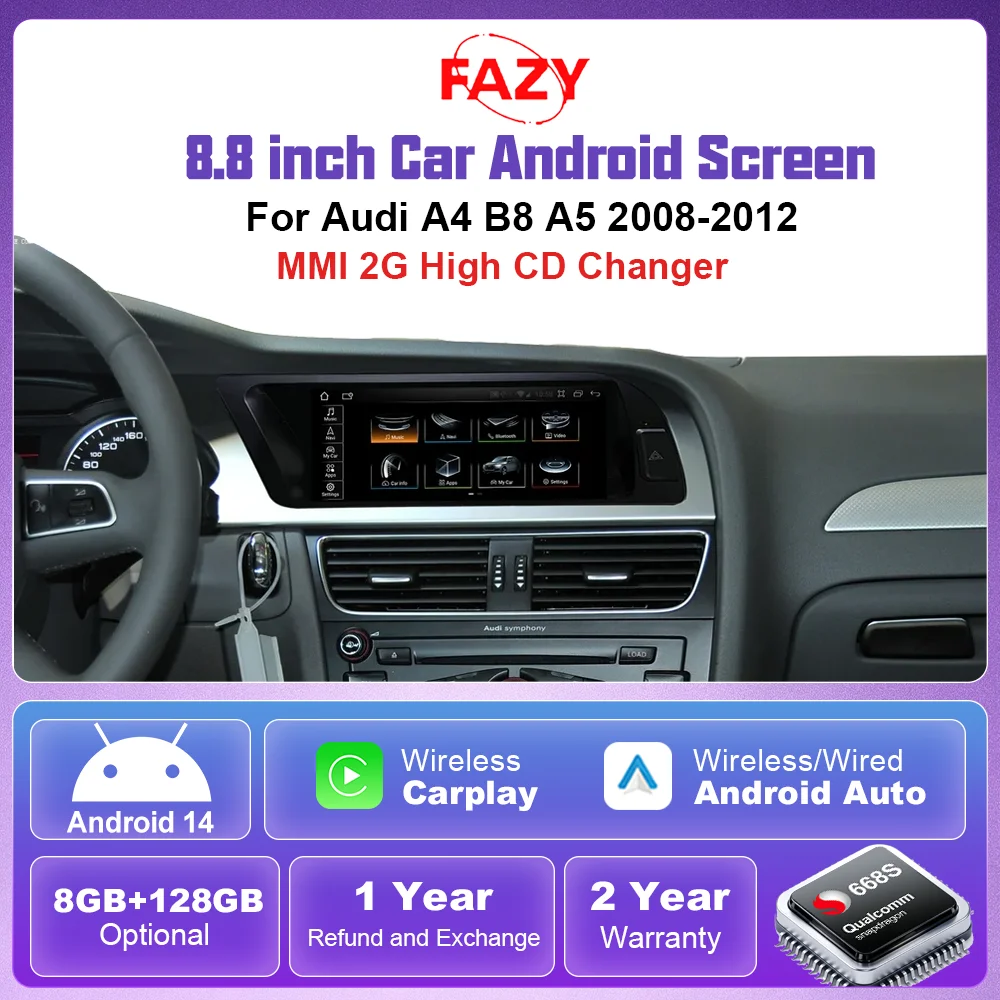 8.8'' Android 14 CarPlay Touch Car Multimedia Stereo Radio Player For Audi A4 B8 A5 2008-2012 MMI 2G High CD Changer 4G WiFi DSP