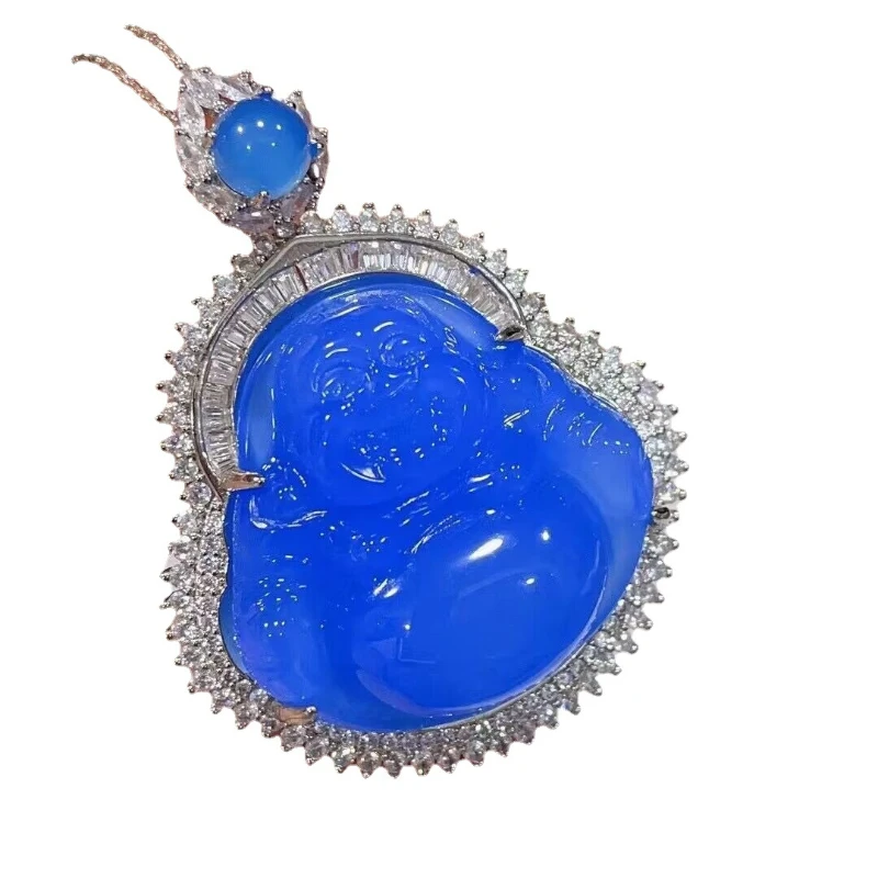 Natural 925 Silver Inlaid Blue Chalcedony Buddha Pendant Ice Blue Agate Maitreya Buddha Jade Necklace Ladies Luxury Jewelry Gift