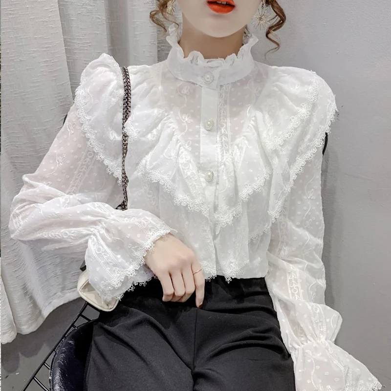 Fashion Ruffle Stitching Long Sleeve Shirts Elegant Lace Chiffon Blouse Loose Korean Style Stand Collar Pleated Top Blusas 15832