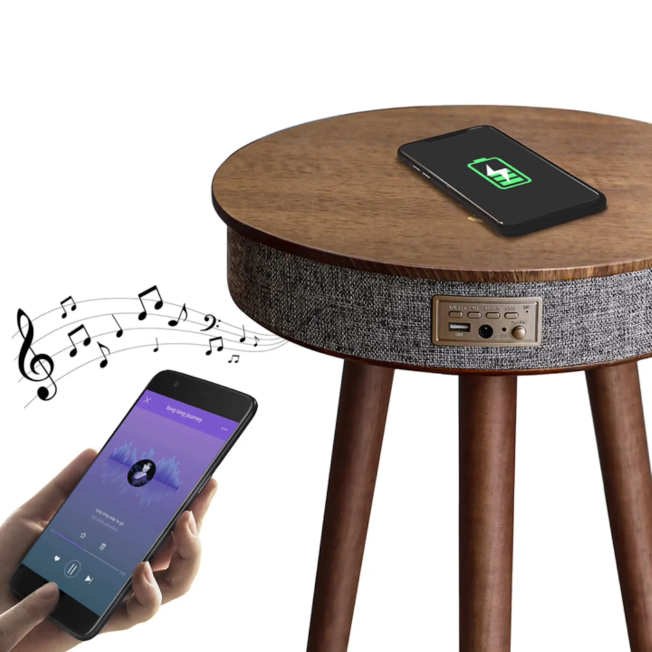 outdoor black wood MDF smart sound end bed side table round charging coffee table with speaker and blue tooth