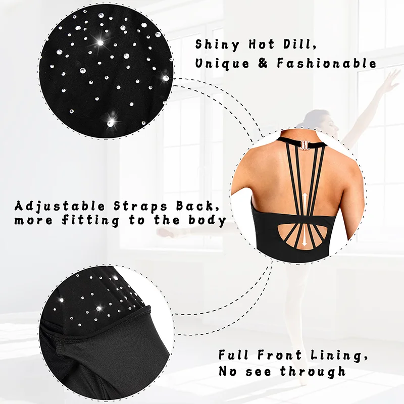 

Women's Halter Sleeveless Ballet Dance Leotards for Adult Gymnastics Tank Tops with Shiny Hot Dill and Adjustable Straps Back