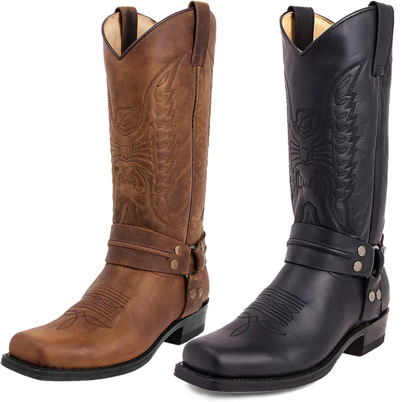 New Men's Motorcycle Boots Fashion Handmade Men Embroidery Thick Heel Mid-tube Boots European American Style Western Cowboy Boot view 6