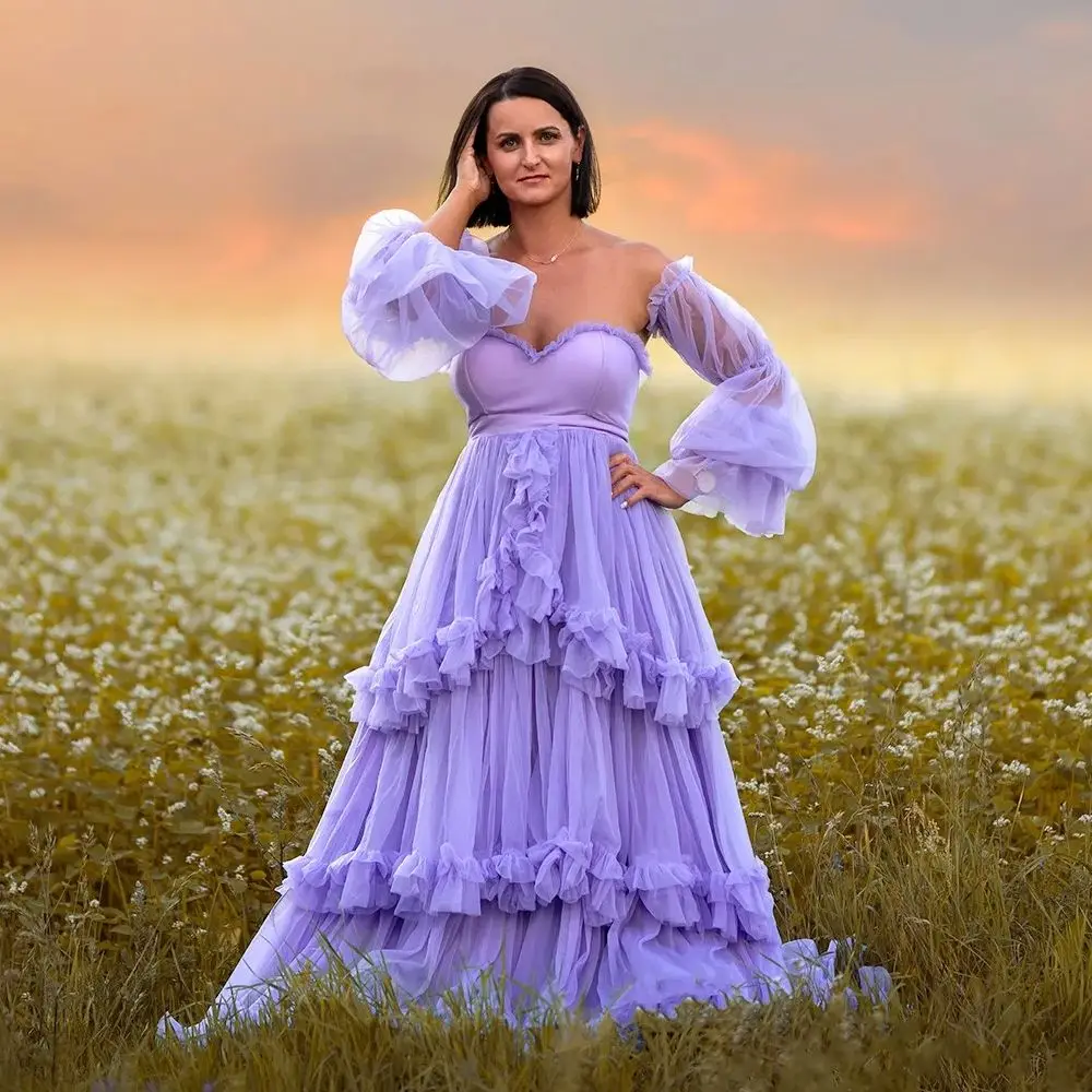 New Lilac Maternity Gowns for Women Sweetheart Tiered  Ruffles Pregnancy  Prom Gowns Photo Shoot Dressing Babyshower Robes