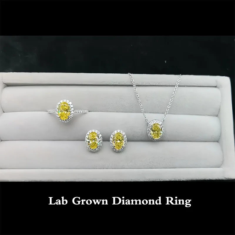 Solid 14k White Gold Yellow Oval Cut VS-VVS Lab Grown Diamond Ring（1ct）Necklace (1ct）& Earring（2ctw）Set of jewelry IGI