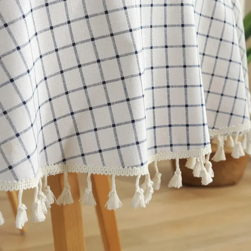 Mantel redondo de lino y algodón americano, a cuadros azules y blancos con borlas, cubierta para mesa de centro, mesa de té, mantel redondo, estera de Picnic