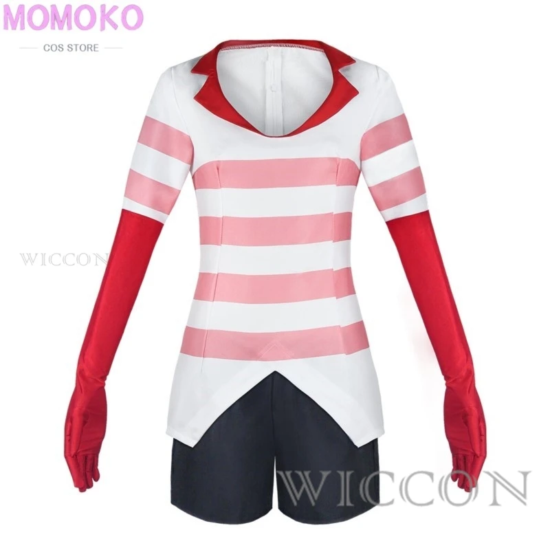 Angel Dust Cosplay Fantasy Anime Cartoon Hotel Disguise Costume Gloves Bow Tie Pink Dress Outfit Women Halloween Roleplay Cloth