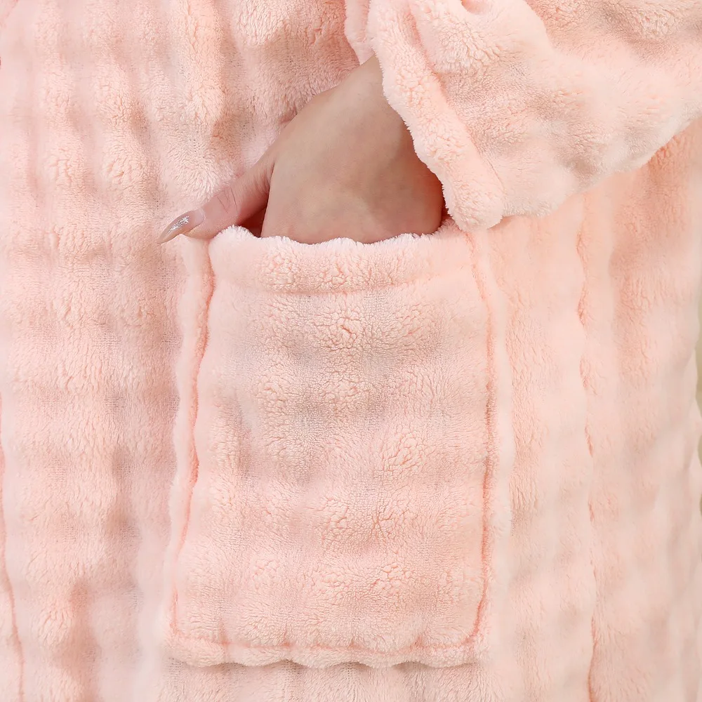 Womens Antibacterial Soft Absorbent Bubble Fleece Long Sleeve Wearable Bathrobe with Belt for Home Daily