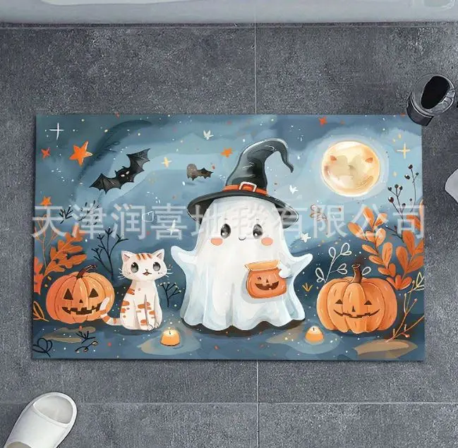 Halloween Crystal Velvet Floor Mat Pumpkin Ghost Absorbent Quick Drying Easy To Take Care Of Household Dirt Resistant Floor Mat