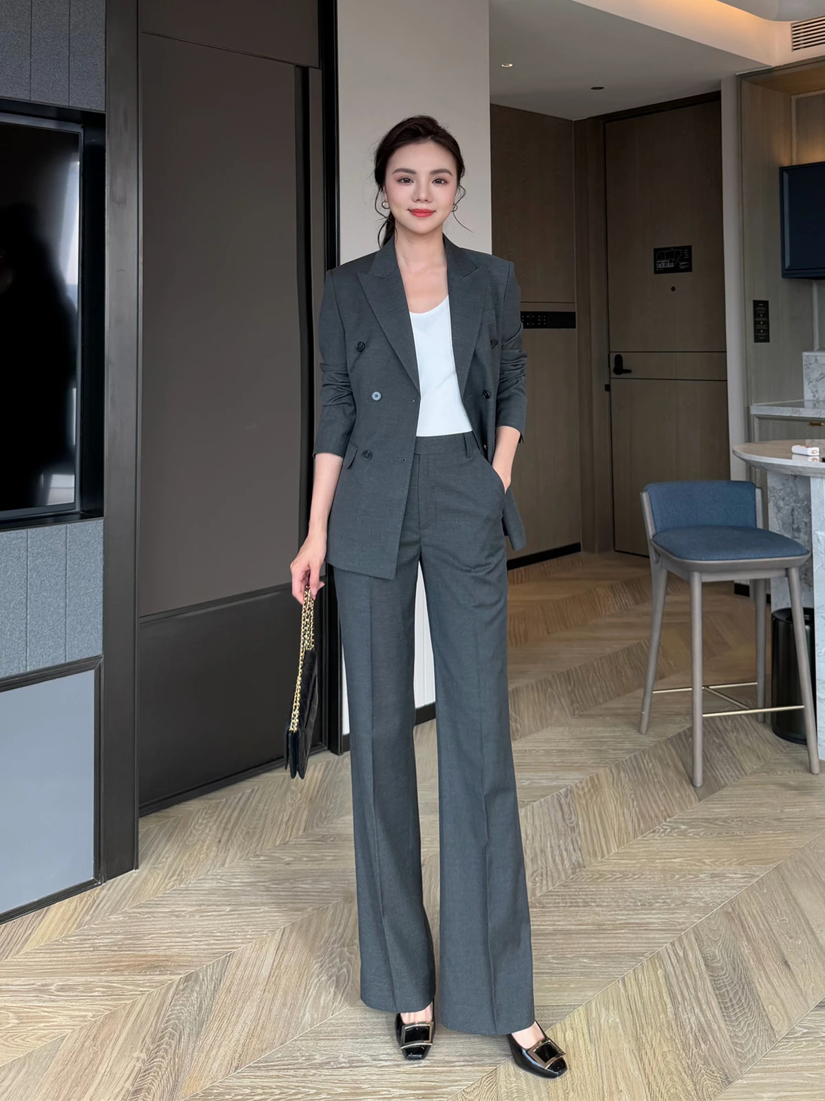 

Busin Casual ey Suit Outer Set Women's High Waist Straight Leg Pants Slimming Effect Commute to Work Profional Suit