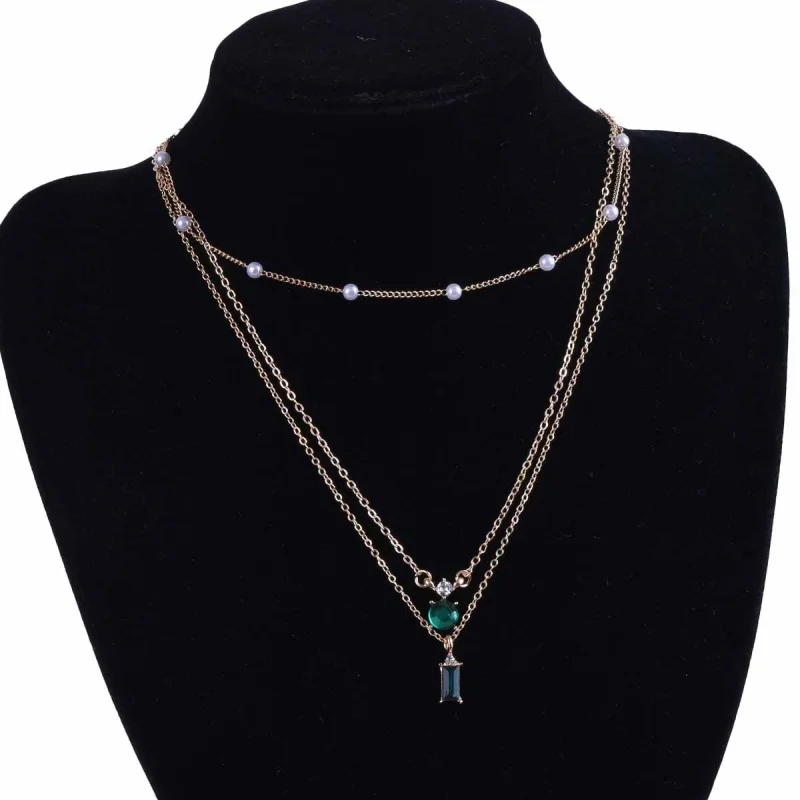 Korean Version Girl Necklace Sales Simple Retro Crystal Green Pearl Multi-layer High-end Design Sense Versatile Bride Necklace