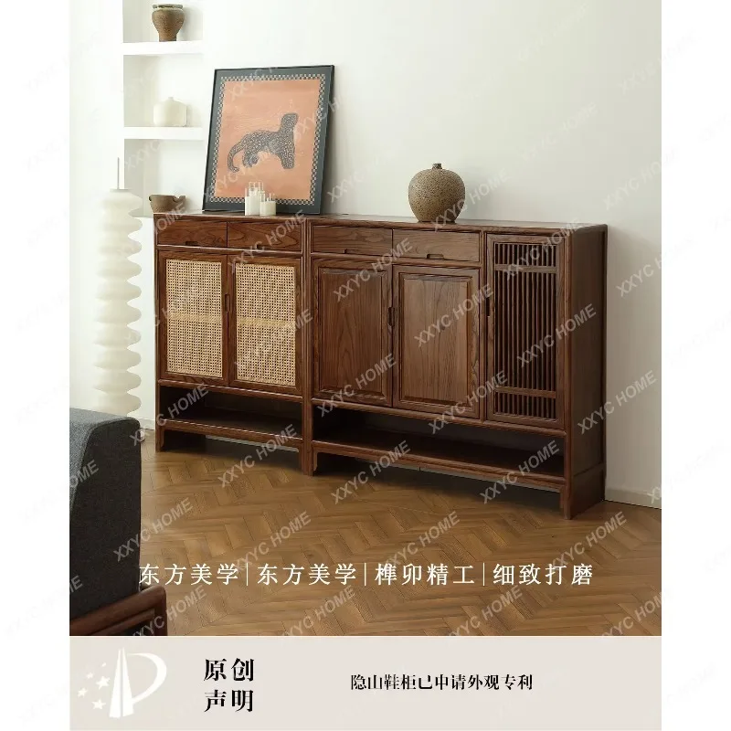 XXNew Chinese entrance shoe cabinet solid wood black walnut foyer locker living room simple