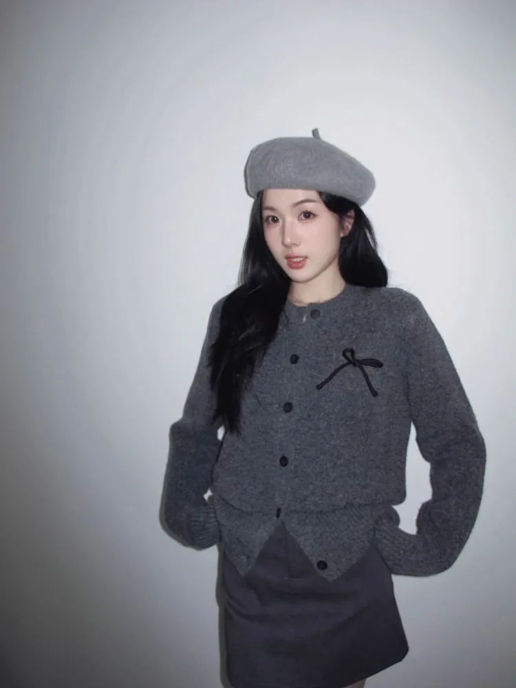 엘리 롱 스웨터 니트 여성 출퇴근용 아우로페어 보타이 슬리밍 오픈 가디건 한국 스타일 루즈핏