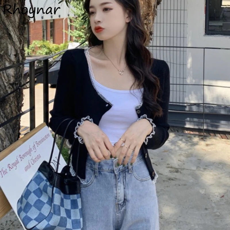 Black Long Sleeve Cardigan Women Retro Lace Side Knitted Patchwork Loose Simple Ulzzang High Street Hotsweet Girls Spring Cozy