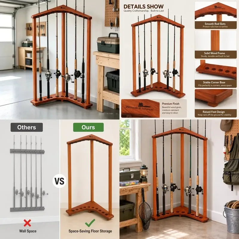 Wholesale Solid Wood Floor to Ceiling Fishing Rod Rack Holds 10 Rods Wooden Fishing Gear Storage Organizer Display Stand