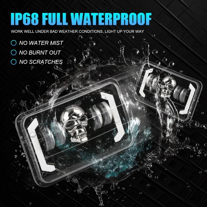 2Pcs LED Headlight 4x6 Inch Colorful Skull Glowing DRL Light For Truck Jeep Chevy Ford 4WD Offroad Headlamp 6000K 150W - view 5