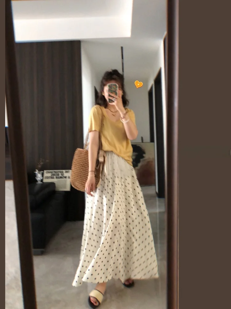 

Mao Li Xiaoli Quartet Encounter Vintage A-Line Long Dr Polka Dot Draped Slimming Skirt High Waist Polyester Fiber Commute
