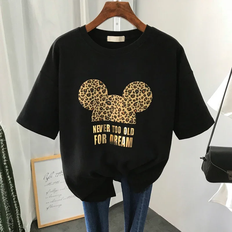 Gold Letter Grapic Leopard T-shirts Women Summer Loose Harajuku Female Black White T Shirt New Casual Women's Clothing Korean