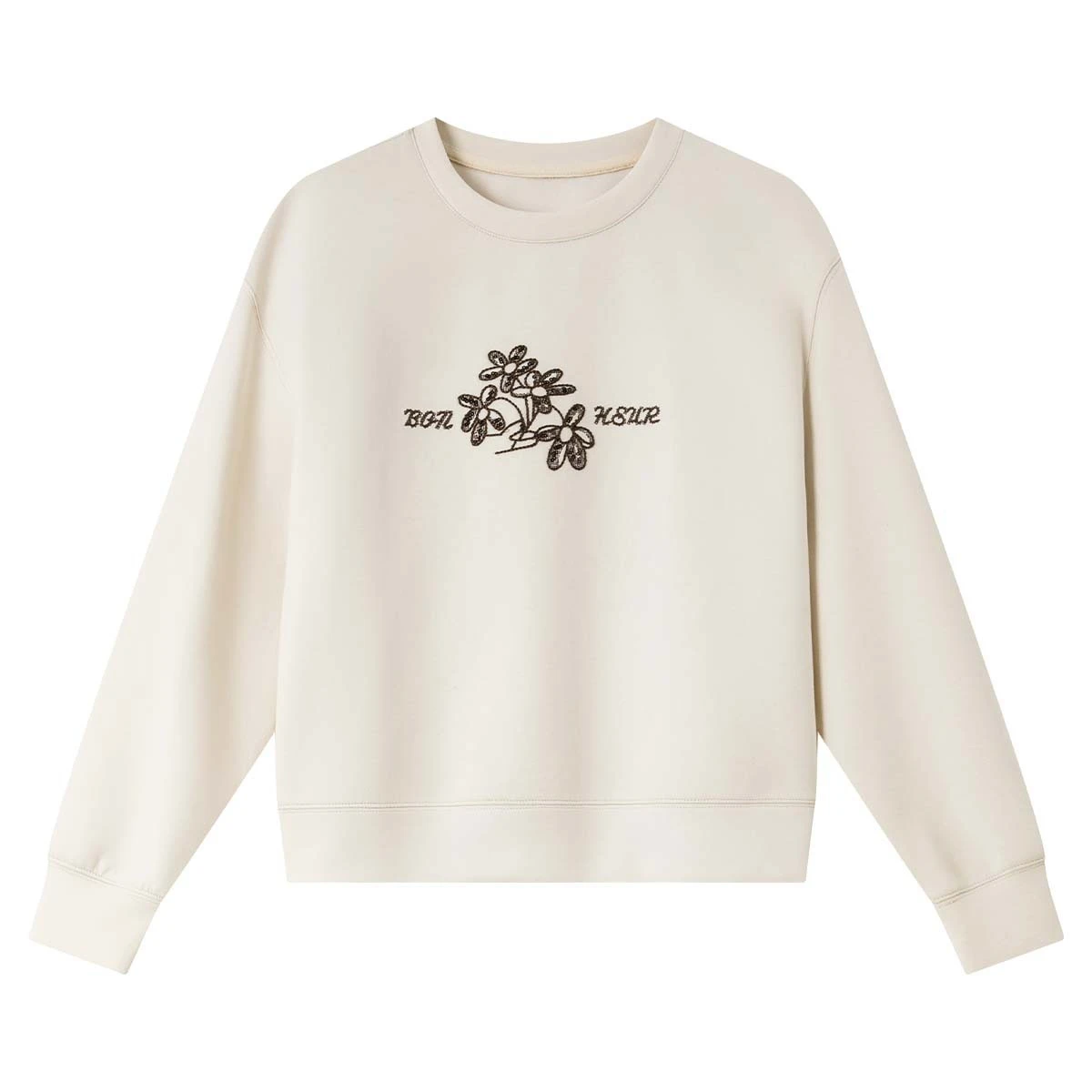 VIMLY Casual Women Sweatshirts Floral Embroider Autumn 2025 Apricot Knitted Female Sweatshirt Sporty Round Neck Ladies Top A2197