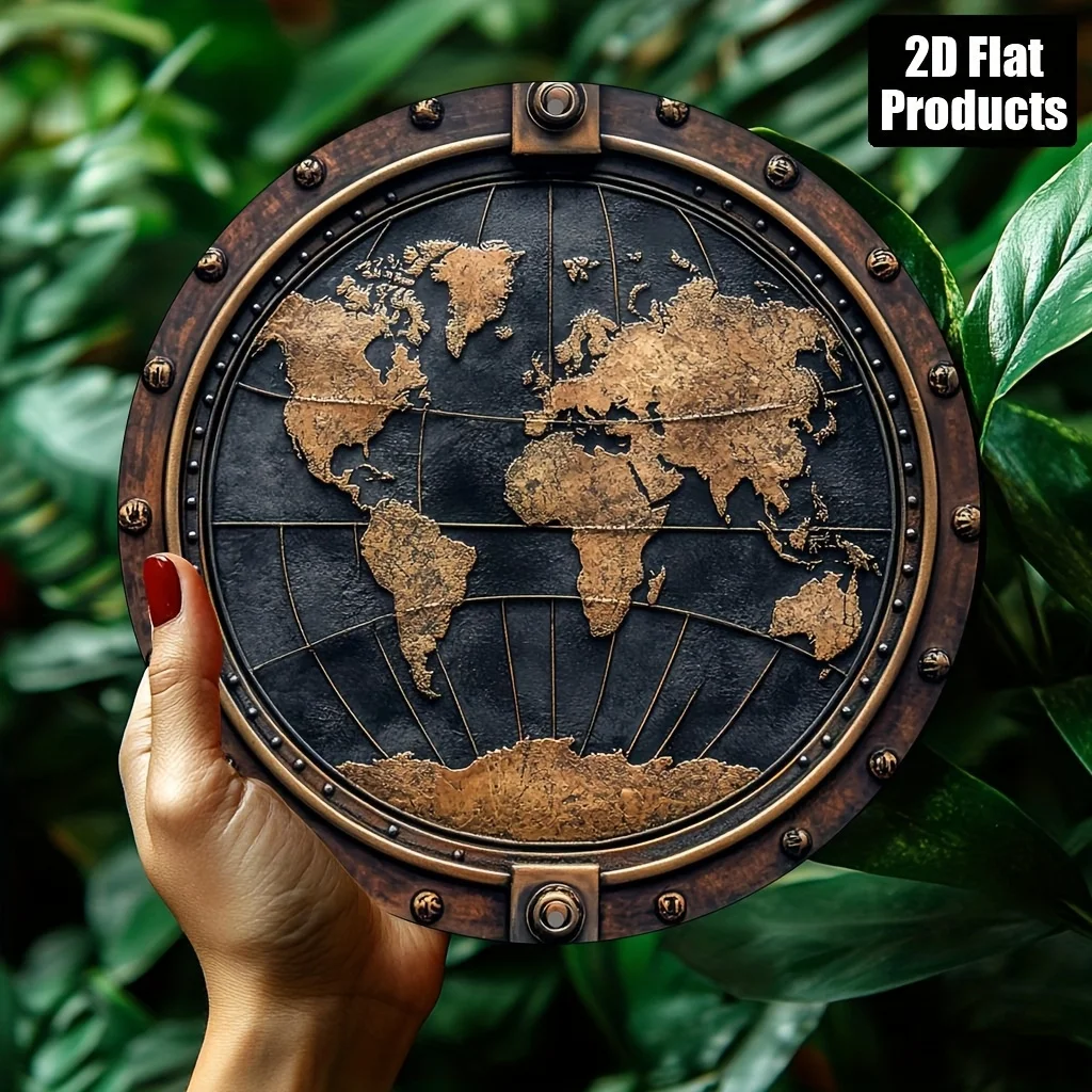 2D Flat - [2D Flat] Two-Dimensional Plane, 2D Printing, 1pc, Retro Round Wooden Ornament, World Map Theme, Suitable for Bars, Ki