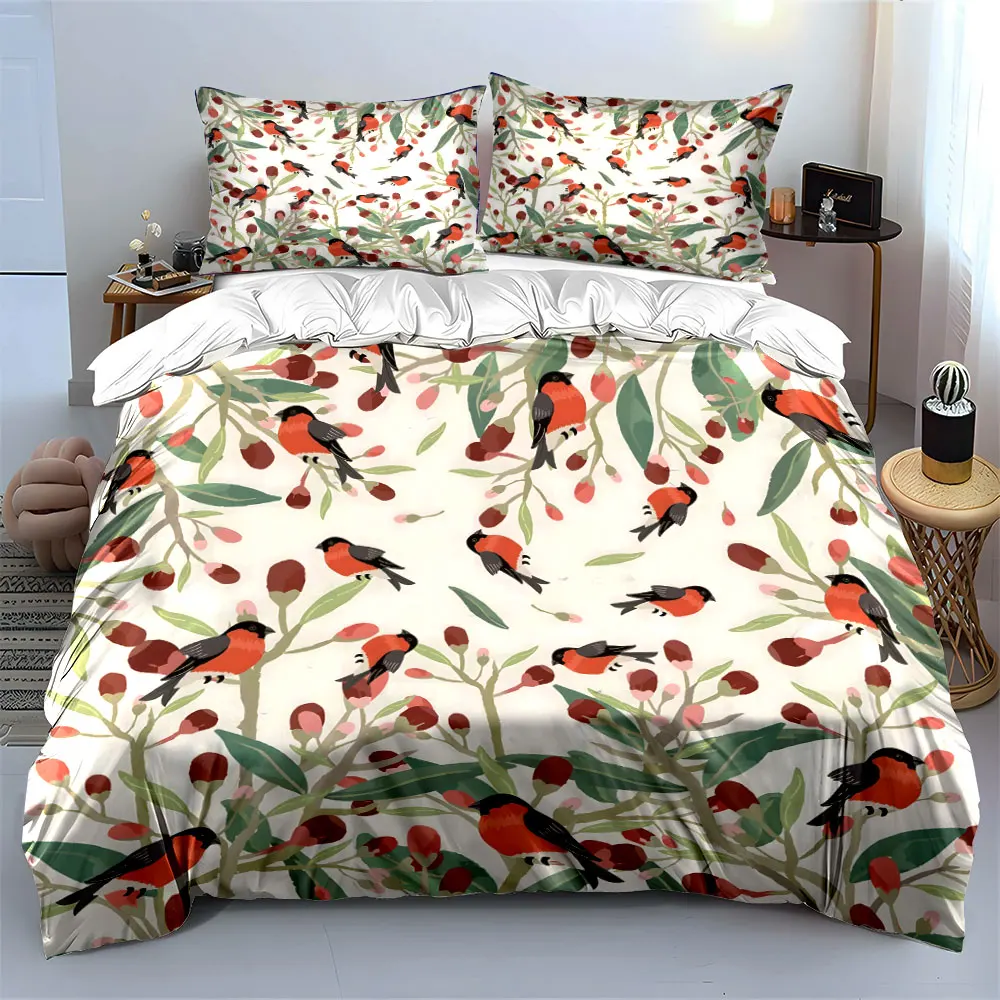Red-breasted birds with floral background Print Soft Comfortable Duvet Cover Bedding Set Included 1*Duvet Cover  2*Pillowcases