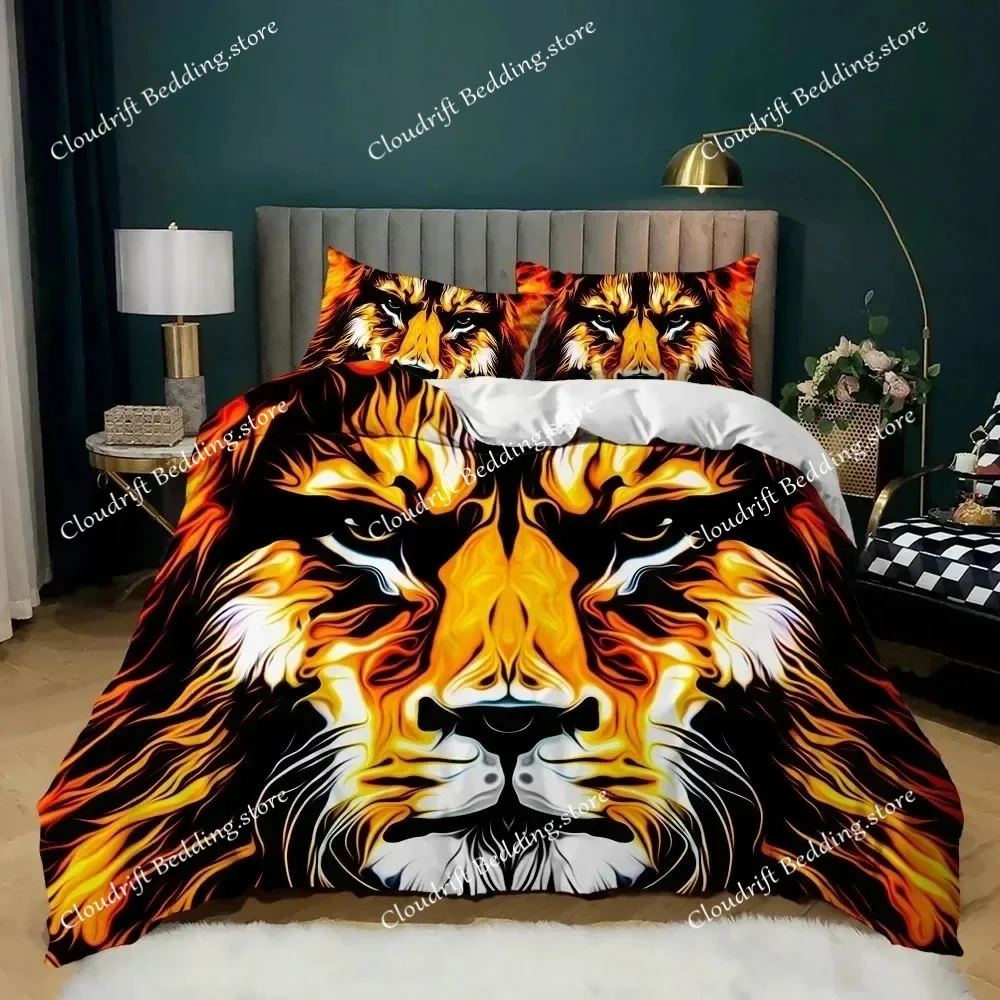 Lion Duvet Cover Set Safari Bedding Set Wildlife Hunting Polyester Double Queen King Size Quilt Cover for Kids Teens 3D Print