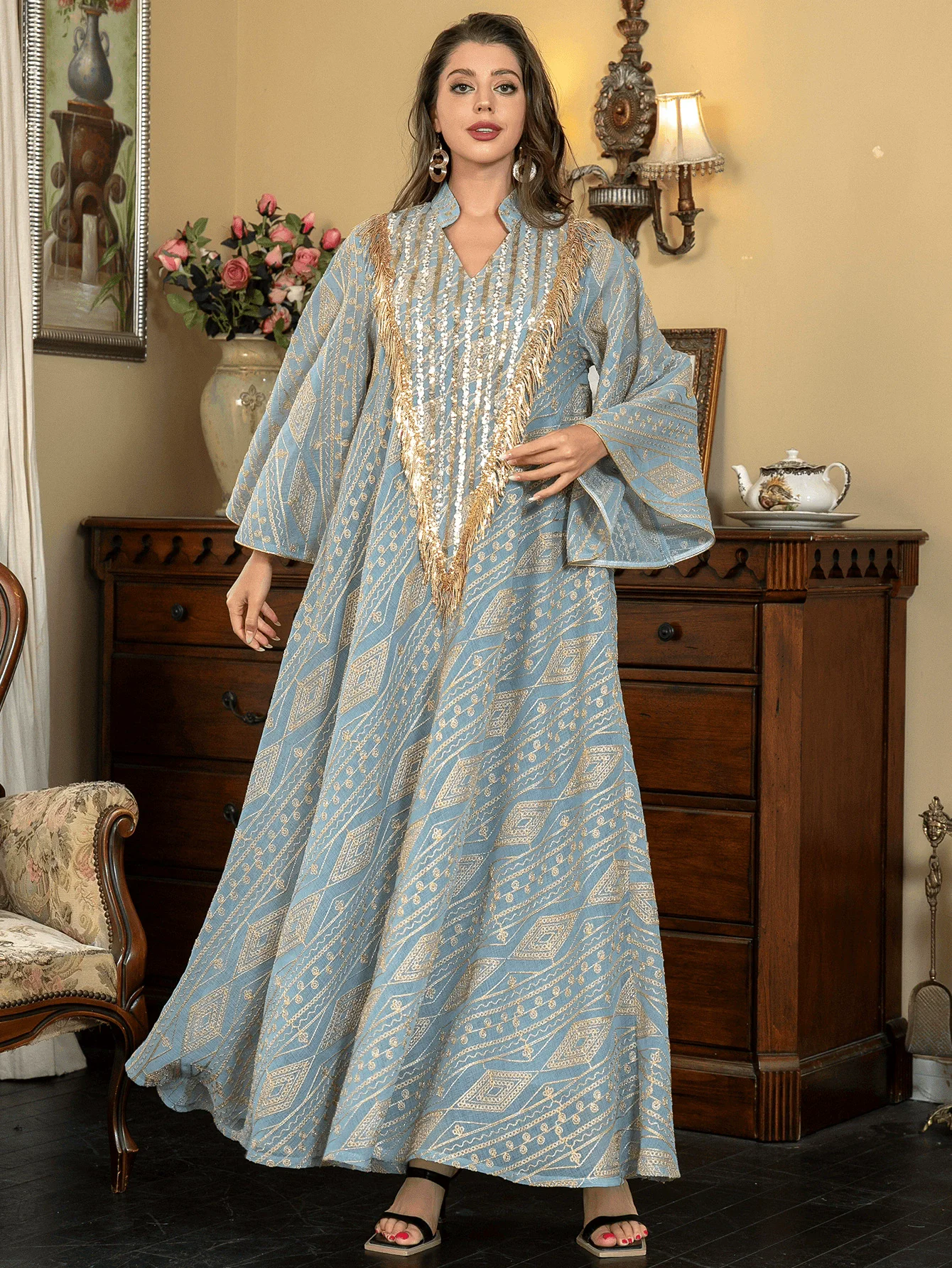 Middle Eastern Muslim Luxury Fashion Evening Dress Saudi Arabia Dubai Ramadan Dress Robe Mesh Embroidered Glitter Elegant