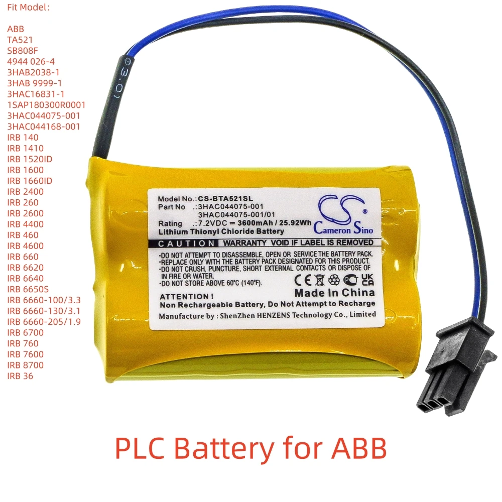 

Li-SOCl2 PLC Battery for ABB,7.2V,3600mAh,TA521 SB808F 4944 026-4 3HAB 9999-1 3HAC16831-1 IRB 140 1SAP180300R0001 IRB 6620