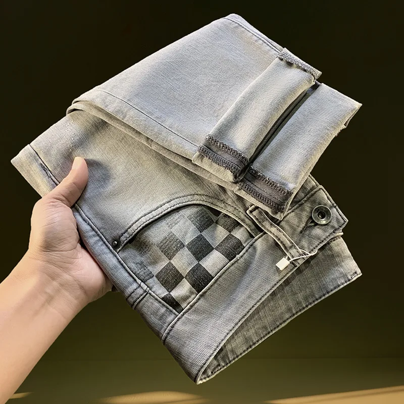 

2025 Spring Trendy Jeans for Men, slim fit, small straight tube, elastic, light luxury print, high-end versatile men's pants