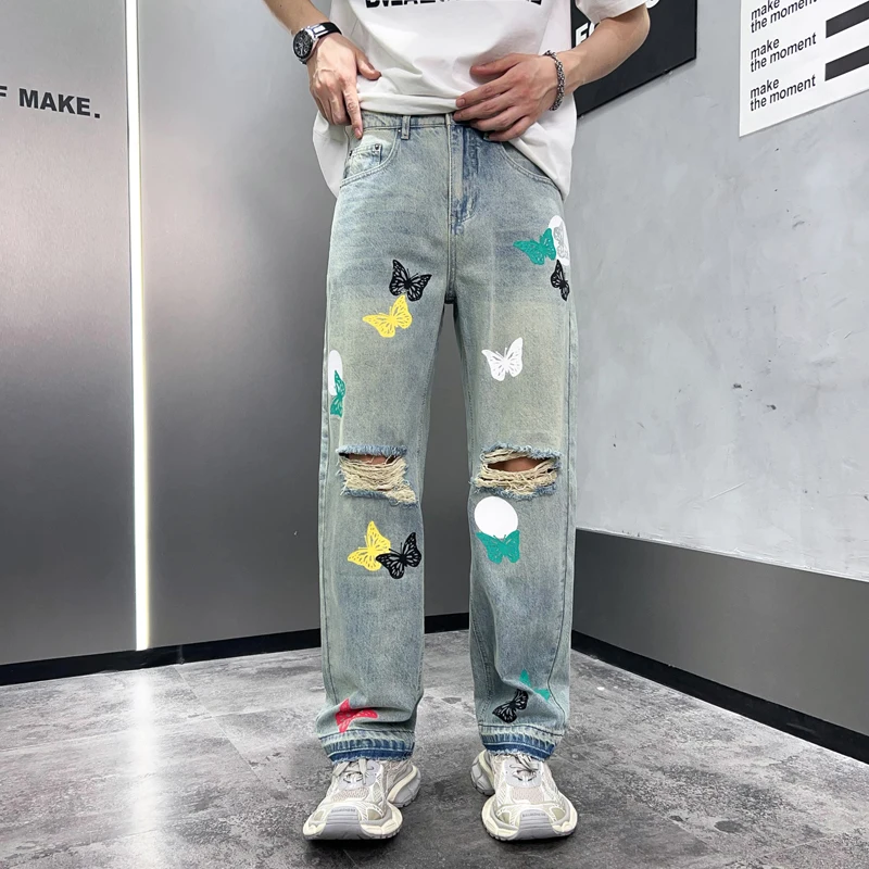 Pantalones vaqueros con estampado de mariposa americana para hombre, Jeans rasgados, estilo coreano de alta gama, sueltos, rectos, de pierna ancha, Y2K