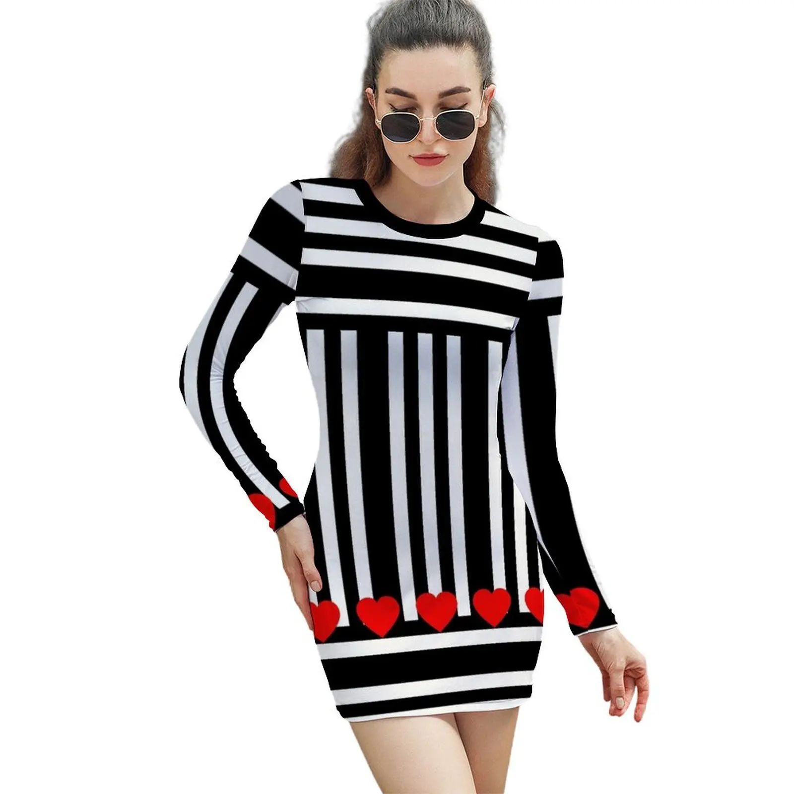 

Black and White Stripes with Red Hearts Long-Sleeved Sheath Dress dress korean style summer clothes for women