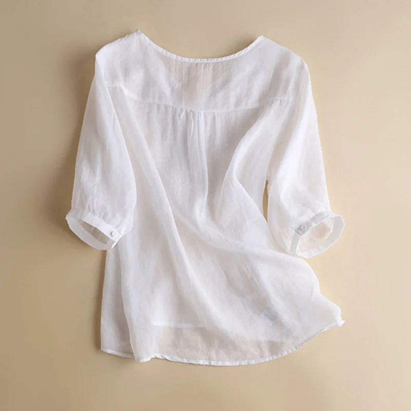 Sle giapponese da donna ort Sve irt V-Ne Top in cotone e lino ricamato vestibilità ampia per pendolari Faion Design artistico