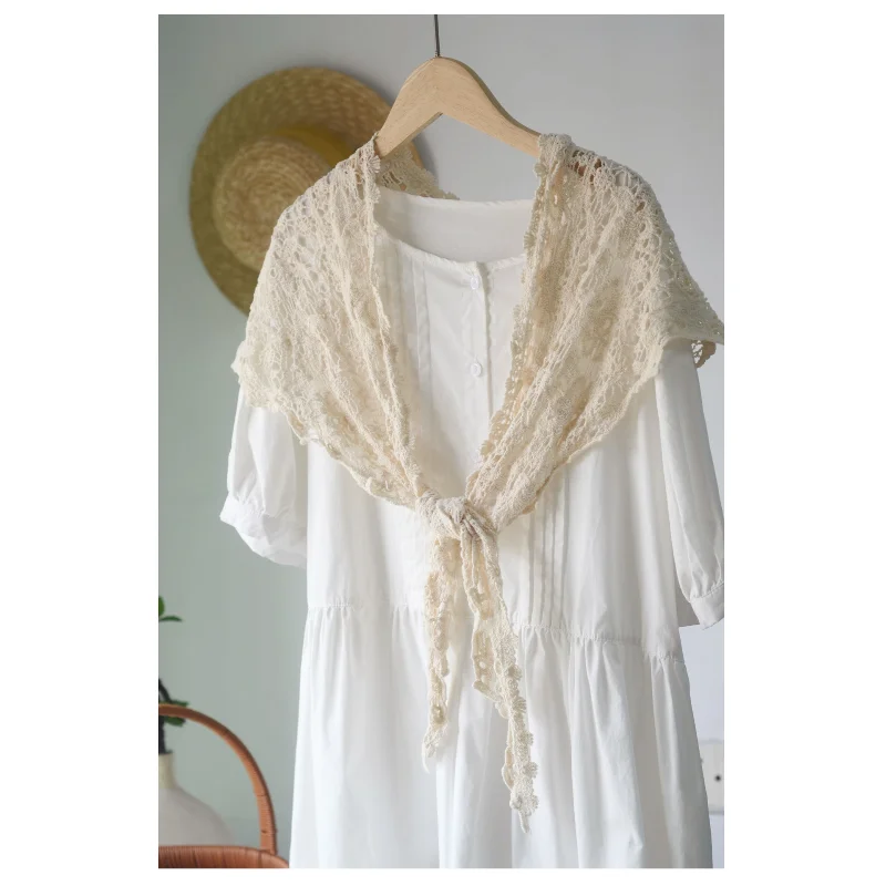 Pure Cotton Crochet Triangle Scarf Solid Hollow Out Neck Shawl Dual Use Women Spring Summer Air Conditioner Neck Wrap