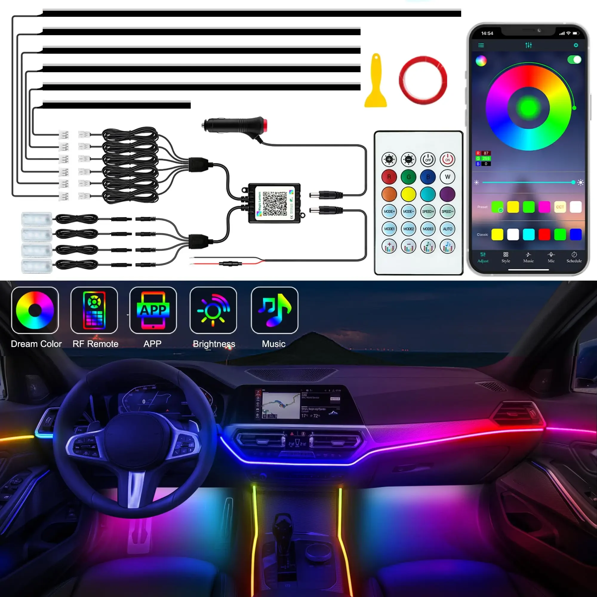 

10 In 1 RGB Car Ambient Light Kit Interior LED Strip APP Controlled Symphony Light 64 Color Modes Decorative Universal Lighting