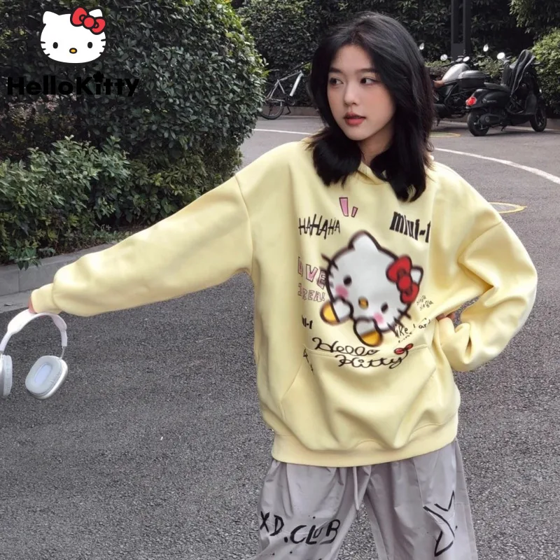 

New Sanrio Hello Kitty Women Hoodie Y2k Preppy Cartoon Versatile Pullovers Autumn Winter New Sweatshirt Streetwear Clothing 2023