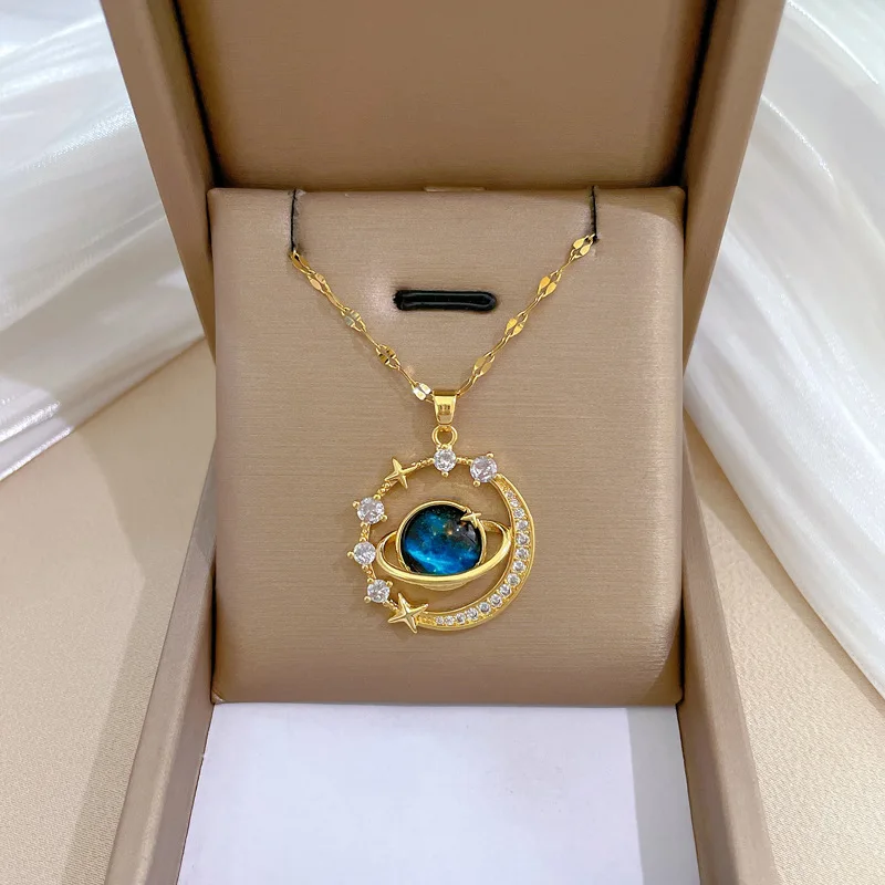 DIEYURO 316L Stainless Steel Blue Starry Planet Zircon Pendant Necklace For Women New Trend Fashion Collarbone Chain Jewelry Gif