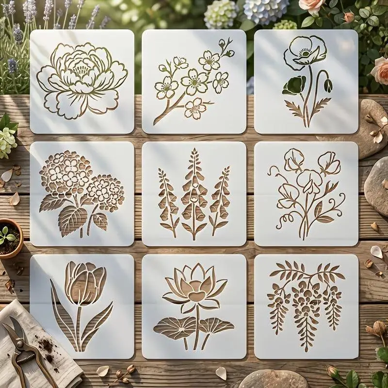 9 PCS DIY Floral Painting Stencils Fun Paper Craft Tools for Spray Painting Parent-Child Interactive Art Activities