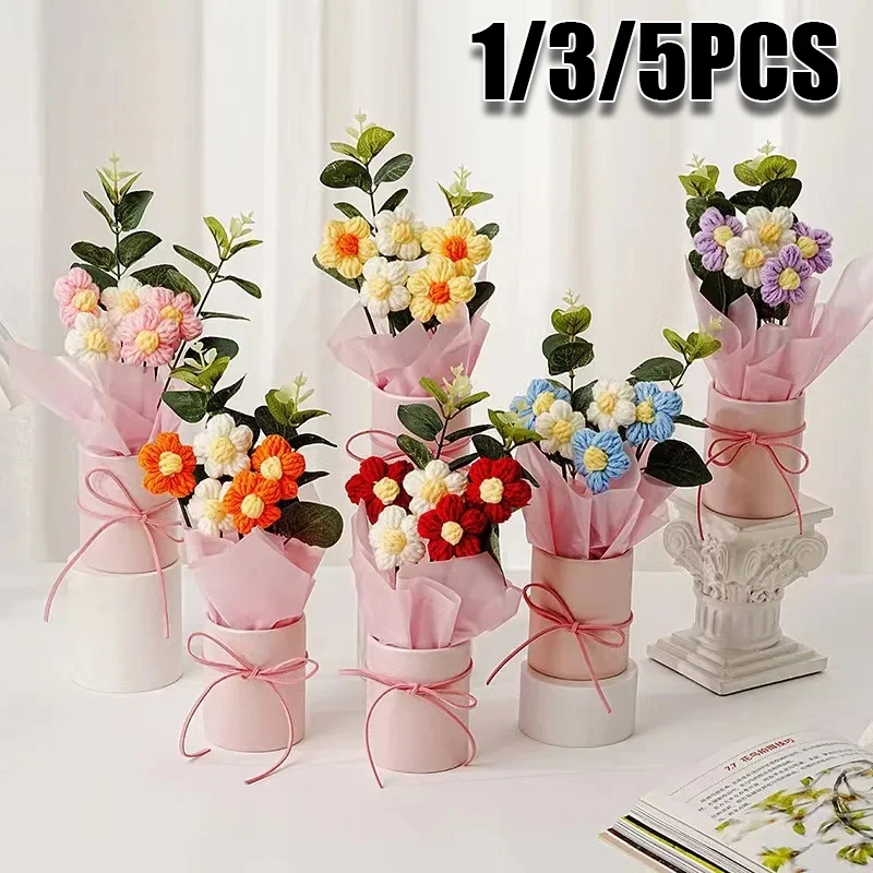 Handmade Knitted Flower Bouquet for Valentines Day Crochet Bouquet Mothers Day Birthday Gift for Girlfriend Wedding Decor