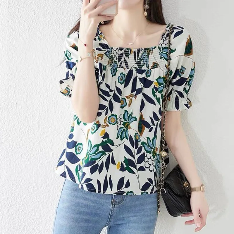 Summer Korean Fashion Quare Collar Floral Print Puff Sleeve Short Sleeve Chiffon Shirt Elegant Loose Casual Blouse Blusa Women