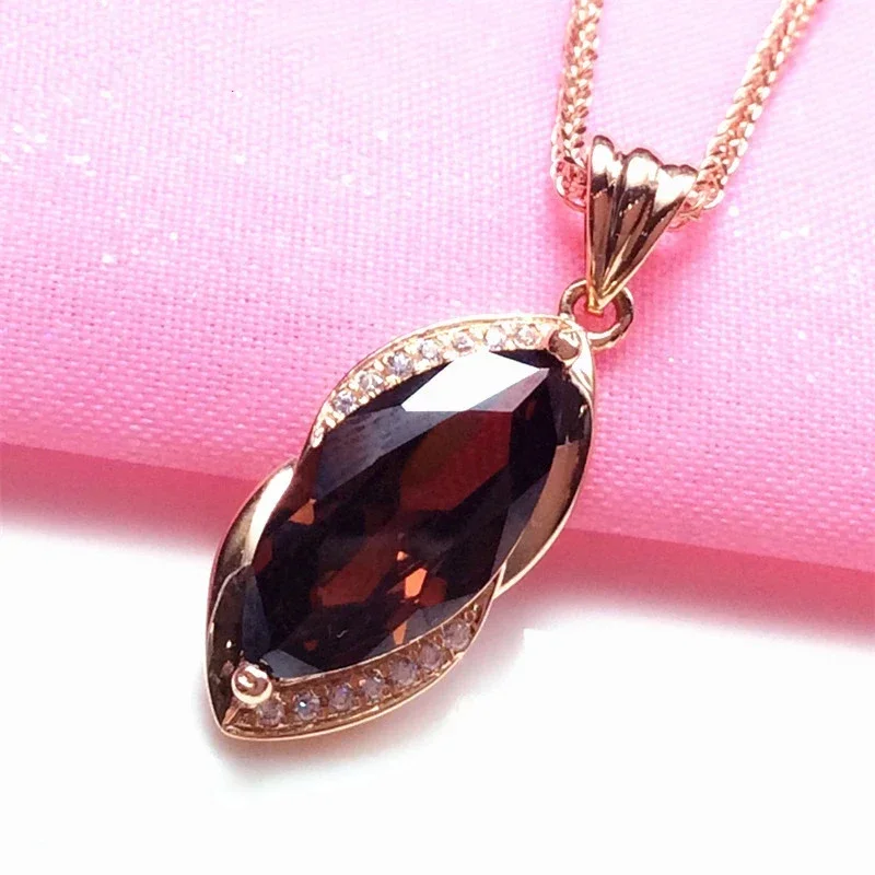 585 Purple Gold Geometric Marquise Shape Rubies Pendant 14K Rose Gold Necklaces for Women Light Luxury Crystal Party Jewelry